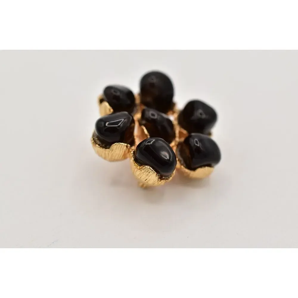 Vintage Cabochon Pin Brooch Black Black Gold Tone Chunky Floral 1990s BinB